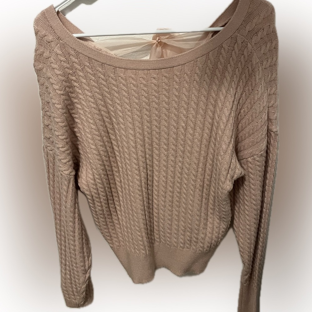 Willow & Root Blush Pink Cable Knit Sweater with Sheer Bow Back Detail – Size S